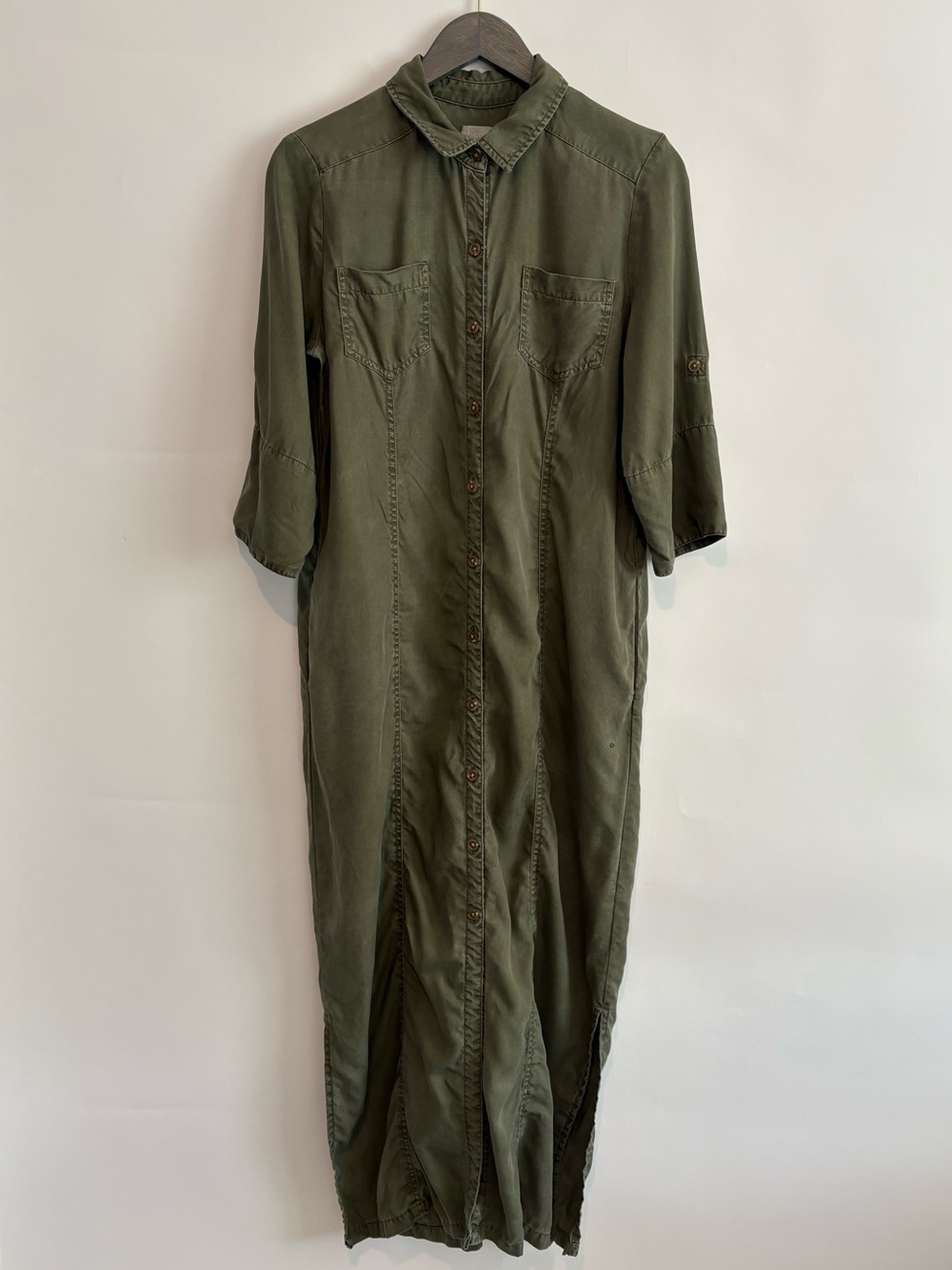 Chicos Button Front Tencel Maxi Shirt Dress Olive Green Pockets minimalist